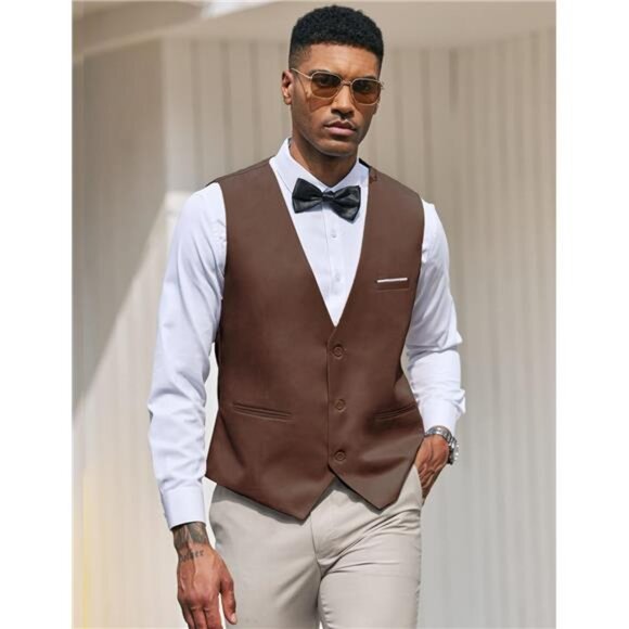 Men's Suit Vest Slim Fit Tuxedo Brown - Picture 2 of 5